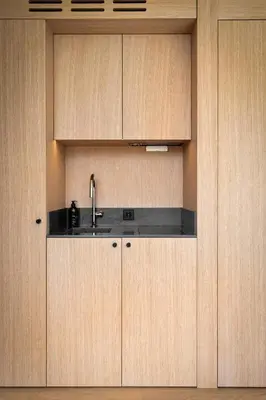 a kitchen with wooden cabinets and a sink at The Sognefjord Cabin in Kaupanger