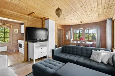 a living room with a couch and a tv at Cottage w Wilderness Feeling 20 min from airport in Maura