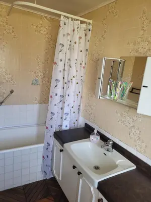 a bathroom with a sink and a shower curtain at Nygjerdet Gossen in Gossa