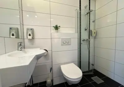 a bathroom with a toilet and a sink and a shower at Jibben Hotell in Måløy