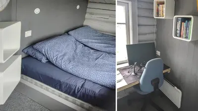 a bedroom with a bed and a desk and a chair at Hytta Idyll in Dagali