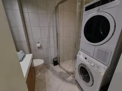 a bathroom with a washing machine and a toilet at Bergen City Center Apartment in Bergen