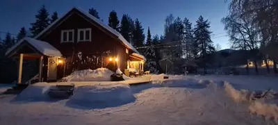 a house is covered in snow at night at Landgård Feriehus in Trysil