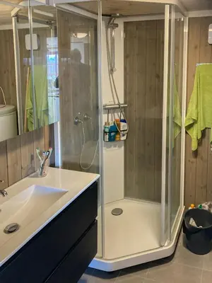 a bathroom with a shower and a sink at Traditional Cabin In Nøsterbølia in Uvdal