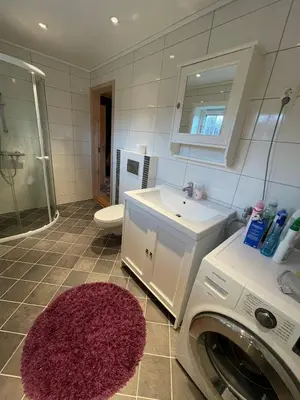 a bathroom with a washing machine and a sink at Cottage in scenic surroundings in Hol