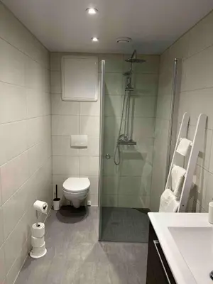 a bathroom with a toilet and a glass shower at Gorgeous apartment in Geilo in Hol