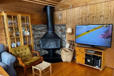 a living room with a fireplace and a flat screen tv at Ål-hytte i Snertingdal på solrik tomt med suveren beliggenhet in Gjøvik