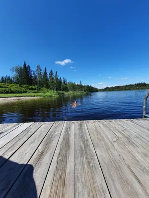 a man swimming in the water on a dock at Ål-hytte i Snertingdal på solrik tomt med suveren beliggenhet in Gjøvik
