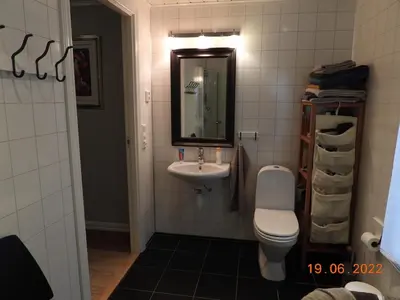 a bathroom with a toilet and a sink at House with all amenities for rent in Steinkjer