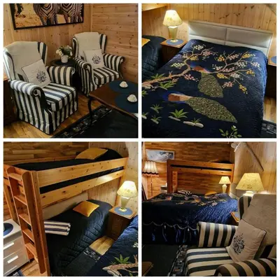 four pictures of a bedroom with a bed and chairs at Cabin Room on DaVita Ranch in Tranhaug