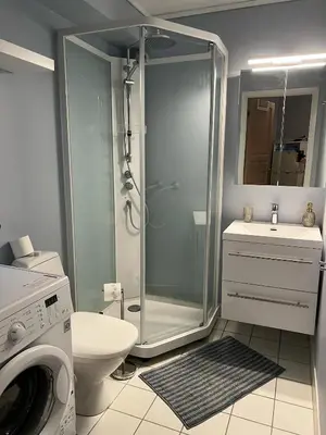 a bathroom with a shower and a washing machine at Cozy flat in the heart of Bergen in Bergen