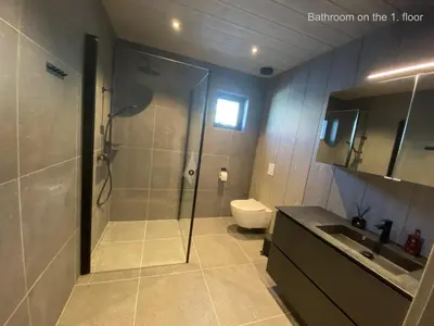 a bathroom with a shower and a toilet at The Panoramic Chalet in Stranda