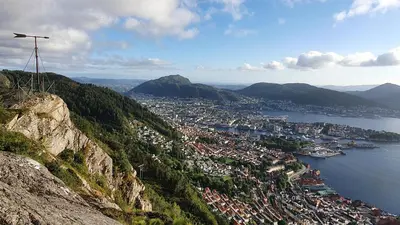 a view of a city from the top of a mountain at Modern apartment by the sea in Bergen
