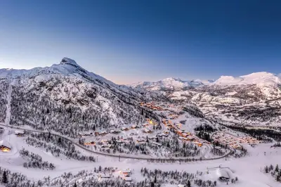 an aerial view of a ski resort in the snow at Apartment in Hemsedal in Hemsedal