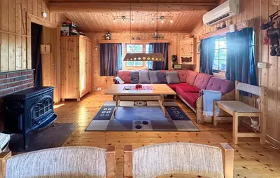 a living room with a couch and a table at Beautiful Home In Jordet With Sauna in Lybekk