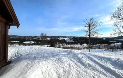 a snow covered porch of a house with a tree at Nice Home In Nord-Torpa With Sauna in Nord Torpa