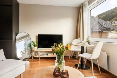 a living room with a vase of flowers on a table at Modern Suites, Excellent Location in the heart of Bergen in Bergen