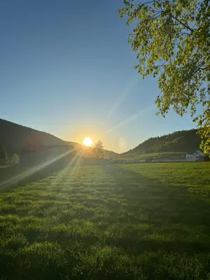 a field with the sun setting in the distance at Kjellerleilighet in Bjørge