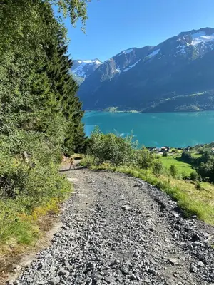 a dirt road next to a body of water at Faleide View in Stryn