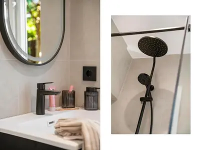 a bathroom with a sink and a mirror at Stay Panorama - Best view in Bergen l 1-Bedroom in Bergen