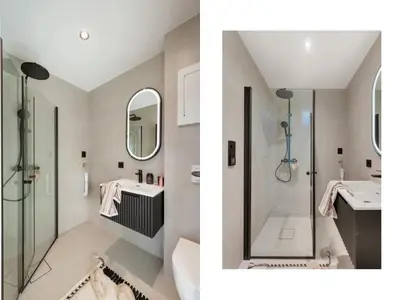 a bathroom with a shower and a sink at Stay Panorama - Best view in Bergen l Studio in Bergen