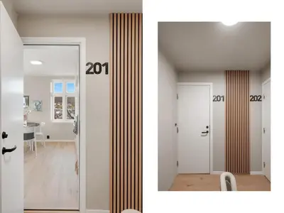 two pictures of a room with a door and a hallway at Stay Panorama - Best view in Bergen l Studio in Bergen