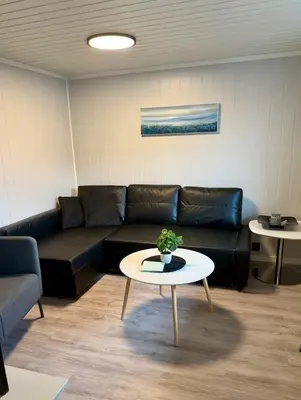 a living room with a couch and a table at Leilighet i under etasje in Lillehammer