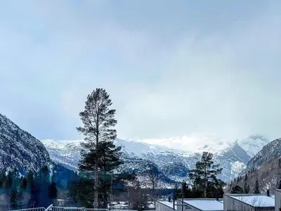 a tree in front of a snow covered mountain at 4 star holiday home in Hemsedal in Hemsedal