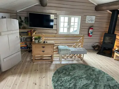 a living room with a tv and a couch and a rug at Bjønnhiet in Trysil