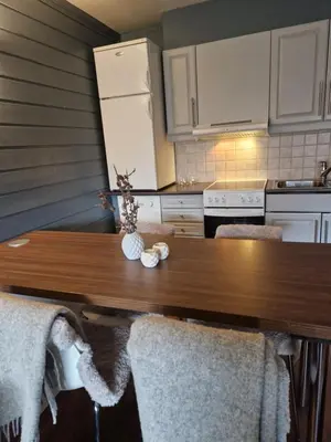 a kitchen with a wooden table and white appliances at Storehorn Apartments Hemsedal in Fausko