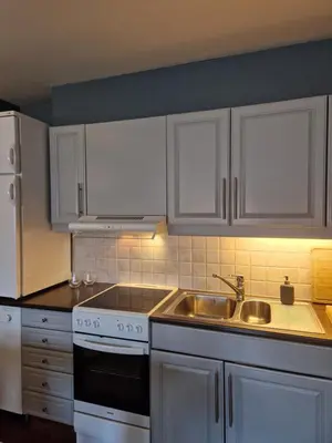 a kitchen with white cabinets and a sink at Storehorn Apartments Hemsedal in Fausko