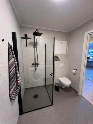 a bathroom with a shower and a toilet at Mountain View apartment in Isfjorden