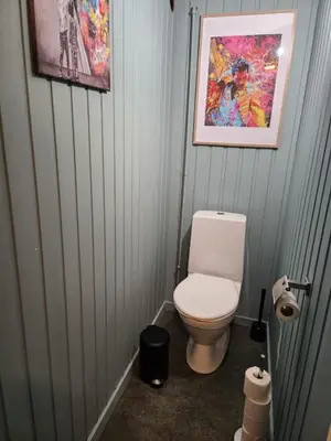 a bathroom with a toilet and a picture on the wall at Idyllic Snekkerstuvarpet with its own pier in Lillehammer