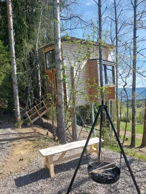 a camera and a tree house in the woods at LAUV Tretopphytter in Eidsvoll