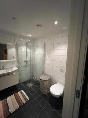 a bathroom with a toilet and a sink and a shower at Centrally located apartment in Bergen