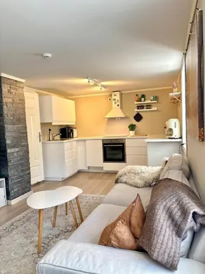 a living room with a couch and a kitchen at Apartment behind Bryggen in Bergen in Bergen