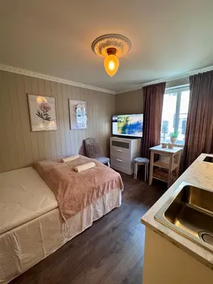 a hotel room with a bed and a sink at Bispen Villa Utsikten in Åndalsnes