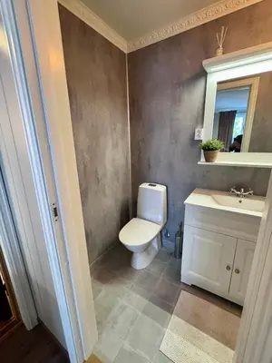 a bathroom with a toilet and a sink and a mirror at Bispen Villa Utsikten in Åndalsnes