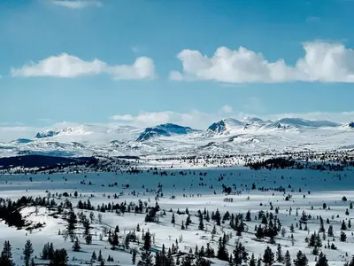 a snowy mountain range with trees and snow covered mountains at Modern Mountain Cabin Near Syningtoppen in Torpo