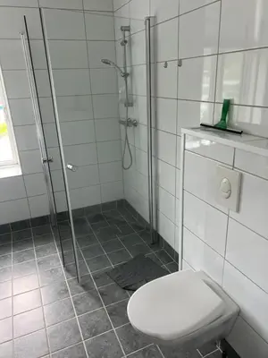 a bathroom with a toilet and a glass shower at Apartment in Stryn in Stryn