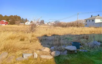 a field of tall grass with a bucket and rocks at Pet Friendly Apartment In Harøy in Steinshamn