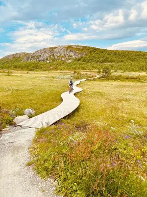 a person riding a bike on a boardwalk in a field at Handicap-friendly apartment with 3 bedrooms in Beitostøl