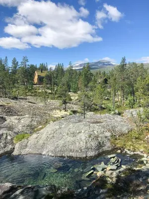 a rock in the water with a house in the background at Cozy Cabin At The Gateway To Jotunheimen in Vaga