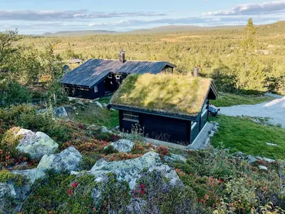 an old house with a grass roof on a field at Upgraded Family Cabin At Sangefjell in Ål