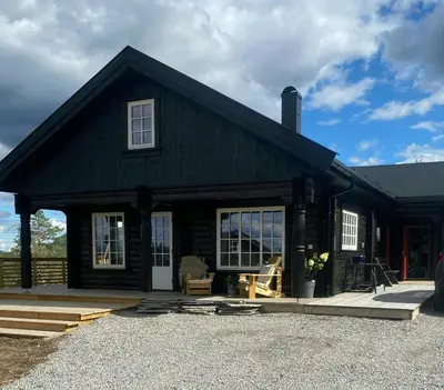 a large black house with a lot of windows at Family Cabin At Blefjell in Lampeland