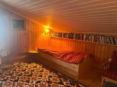 a room with a bed with a book shelf at Traditional Hemsedal family cabin spectacular view in Hemsedal