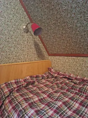 a bed with a plaid blanket and a lamp at Villa ved sjøen og fjellene in Myklebostad