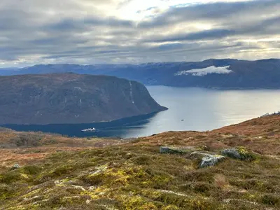 a view of a large body of water on a hill at Støl ved Sognefjorden in Berge