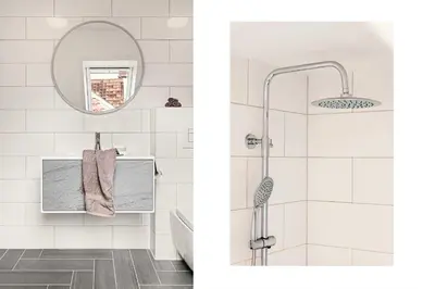 a bathroom with a shower and a mirror at Design Apartment by Bryggen - View & Location in Bergen