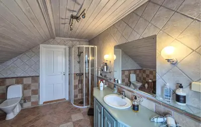 a bathroom with a sink and a shower and a toilet at Awesome Home In Bekkjarvik in Bekkjarvik
